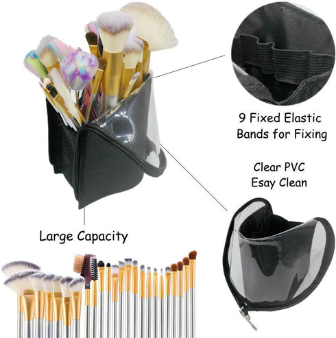 ANEMEL Black Travel Makeup Brush Holder 2-Pack, Clear Plastic Cosmetic Zipper Pouch, Portable Waterproof Organizer