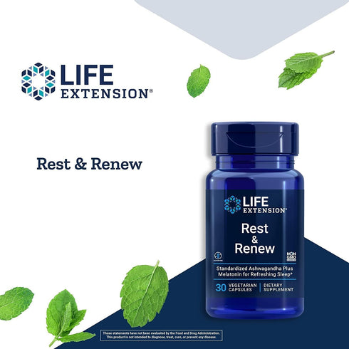 Life Extension Rest & Renew, Ashwagandha Extract with Melatonin, Sleep Supplement for Healthy Restful Sleep Support
