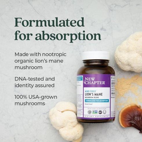 New Chapter Lion's Mane + Reishi Mushroom - LifeShield Mind Force for Mental Clarity, Vegan, 60 ct