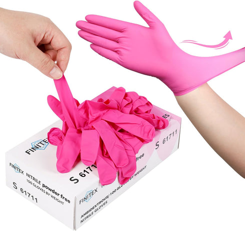 FINITEX Pink Nitrile Disposable Gloves - 3.5mil, 100PCS, Powder Free, Latex Free, Medical Exam, Food Cleaning