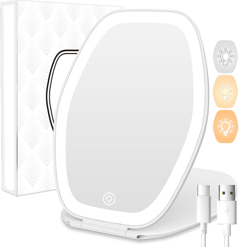 Travel Makeup Mirror with Light, 3 Color Lighting Portable Mirror, Touch Screen Rechargeable LED Lights Vanity - White