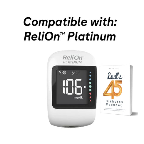 ReliOn Platinum Blood Glucose Test Strips, Micro-Thin Lancets Bundle (50 Test Strips + Lancets) with Lual's 45 Diabetes