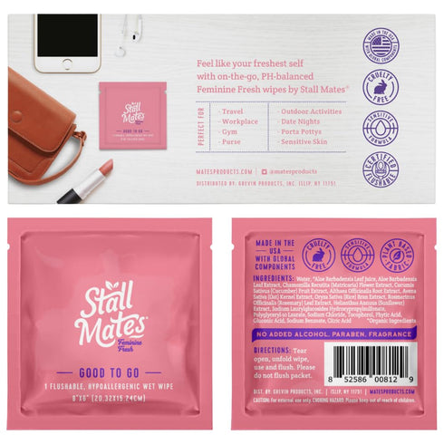 Stall Mates Feminine Fresh Wipes - Flushable, Individually Wrapped Cleansing Singles with Sunflower and Aloe (30 Count)