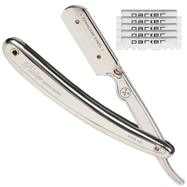 Parker SR1 Stainless Steel Straight Edge Barber Razor, Professional Shavette with 5 Premium Platinum Half Blades