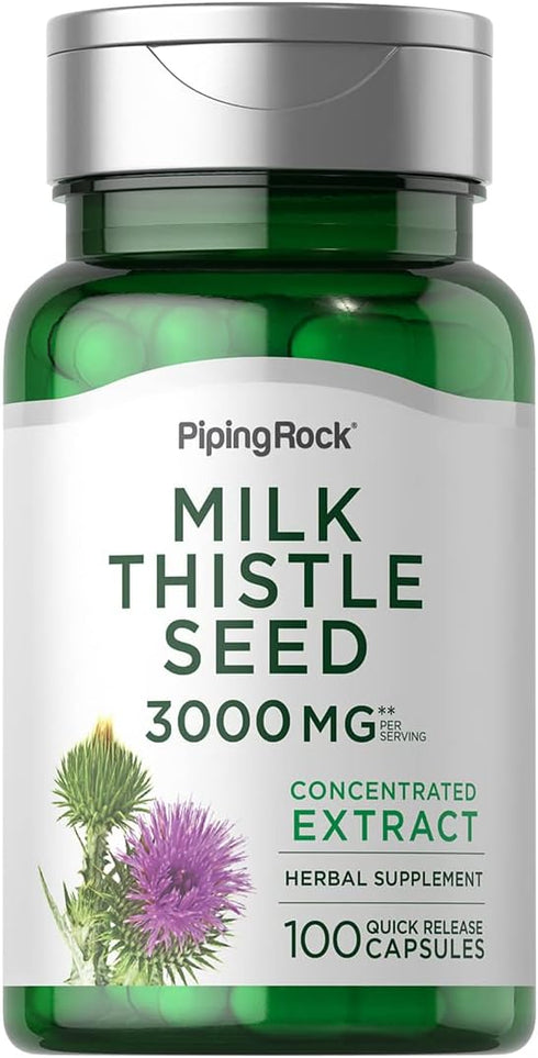 Piping Rock Milk Thistle Supplement 3000mg | 100 Capsules | Non-GMO, Gluten Free, Concentrated Herbal Extract