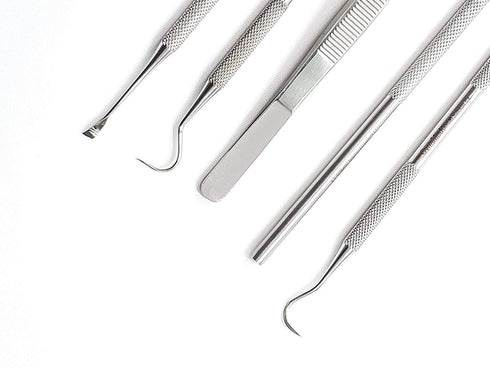 Dental Hygiene Set of 5 - Stainless Steel Tarter Scraper, Toothpick, Mouth Mirror, Ideal for Personal Use