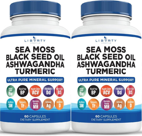 Sea Moss 3000mg, Black Seed Oil 2000mg, Ashwagandha 1000mg, Burdock 1000mg Root Mineral Support - 120 Count