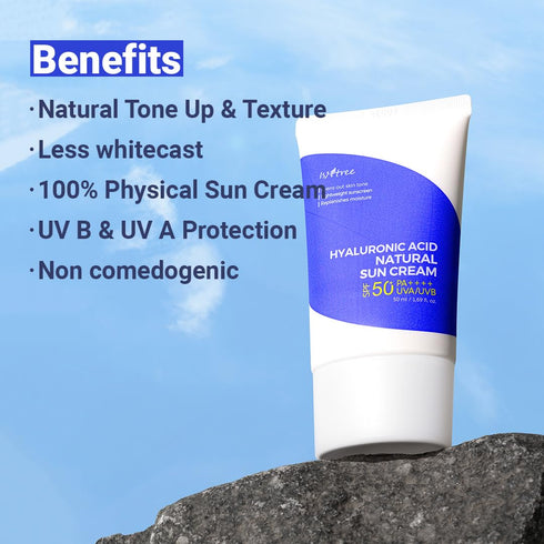 ISNTREE Hyaluronic Acid Natural Suncream SPF50 PA++++, Lightweight Sunscreen for Even Skin Tone, 50ml