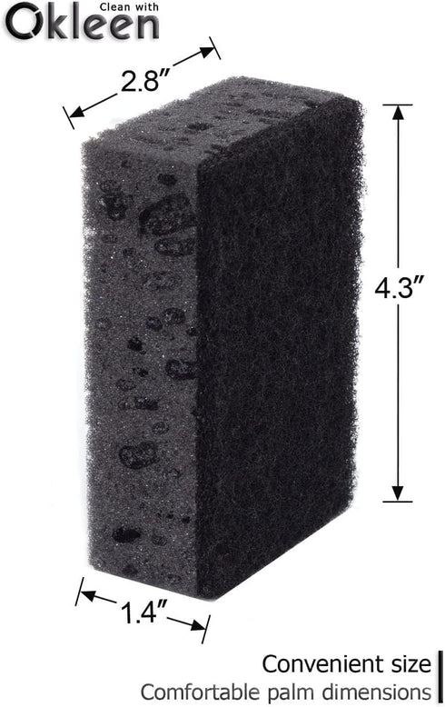 Okleen 9 Pack, 4.3x2.8x1.4 inches. Pack Black Scrub Sponges. Made in Europe. Heavy Duty and Non Scratch Fiber. Kitchen