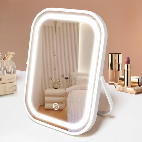 Portable Makeup Travel Mirror with Lights, Small LED Vanity Mirror, 1200mAh Battery, Dimmable Touch Screen, Folding