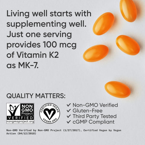 Sports Research Vitamin K2 as MK-7 100mcg with Coconut MCT Oil - 120 Vegan Softgels, Non-GMO, Gluten & Soy Free