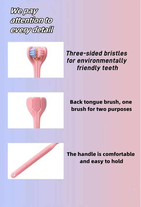 4-Piece Set of 3-Sided Toothbrush for Adults, Soft Bristle for Comprehensive Care, Youth & Teenagers (Pink, Yellow,