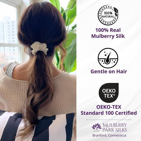 Mulberry Park Silks 100% Pure Silk Scrunchies, 3 Pack - Prevents Frizz, Gentle on All Hair Types, Small (Sand)