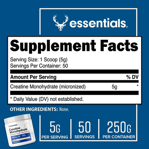 Bucked Up Creatine Monohydrate - 250 Grams Micronized Powder, Essentials (50 Servings)