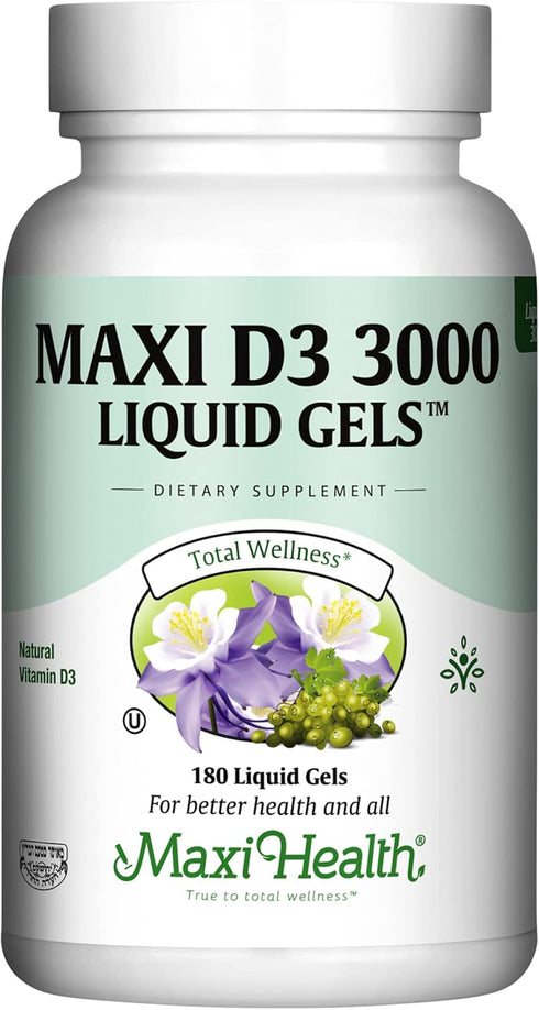 Maxi Health Vitamin D3 3000 IU 75 mcg Supplement for Healthy Bones, Teeth, Immune Support - 180 Gels Non-GMO