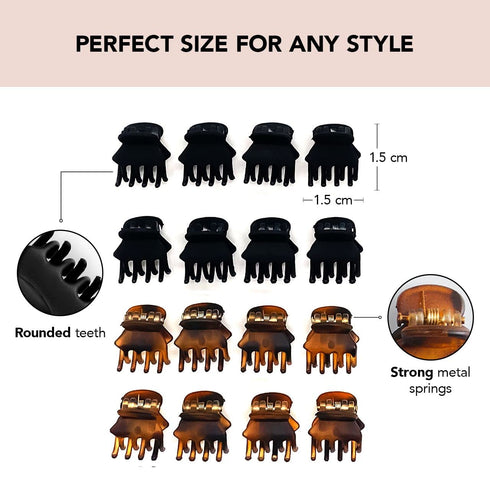 Kitsch Hair Clips for Women, Recycled Plastic Small Claw Clips & Mini Clips, 16 pcs (Tortoise & Black)