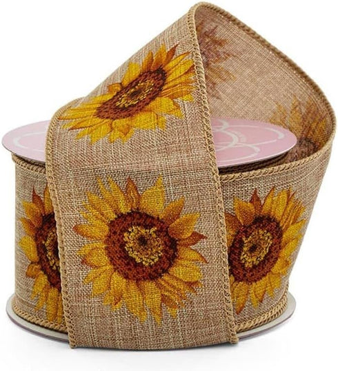 2 1/2" x 10 Yards Sunflowers on Natural Linen Ribbon