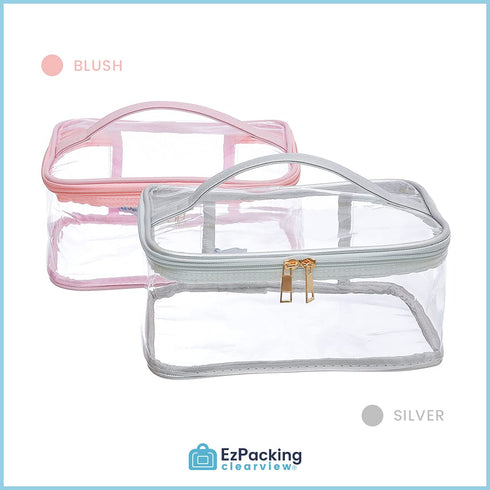 Large Cosmetic Bag for Women, Clear Makeup Pouch for Travel or Home, Transparent PVC Organizer with Handle (Silver)