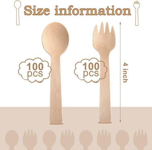 200 Count 4 Inch Disposable Wooden Cutlery Set,100 Mini Wooden Spoons, 100 Mini Wooden Forks, Birchwood Material Utensils, Disposable Spoons Forks for Christmas Parties, Weddings, Camping