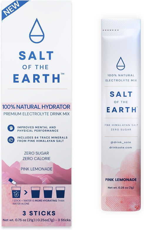 Salt of the Earth Premium Zero-Sugar Electrolyte - Made with Pink Himalayan Salt - 3 Sticks, Pink Lemonade