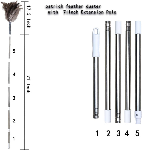 Gray Ostrich Feather Duster, 71 Inch Extendable Pole for Home Cleaning