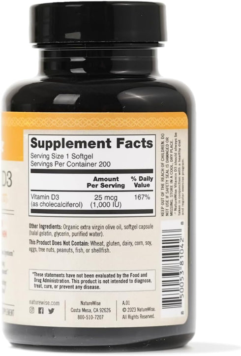 NatureWise Vitamin D3 1000iu (25 mcg) in Cold-Pressed Olive Oil, Non-GMO, Gluten Free - Healthy Muscle Function and