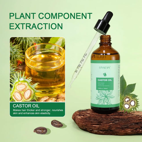 LIYALAN Pure Castor Oil - Cold Pressed Unrefined Hair Oil for Thicken Hair, Nourish Hair & Scalp, Glass Bottle, 3.38 fl