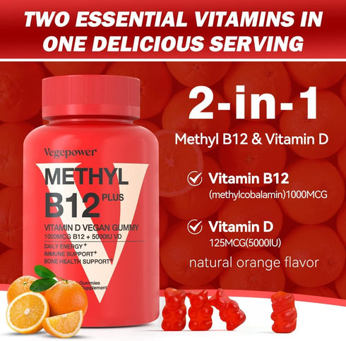 Vegan Vitamin B12 Gummies with Vitamin D - 90 Count, 1000 MCG Methyl B12 & D3, Supports Bone Health & Daily Energy
