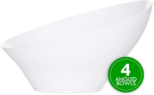 PLASTICPRO Disposable Angled Plastic Bowls, Large Round Serving Bowl for Snacks or Salad, White, Pack of 4