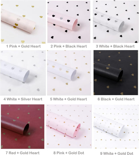 Black and White Tissue Paper - Heart Pattern Flowers Wrapping Paper Sheets for Anniversary Bouquet Packaging DIY Crafts