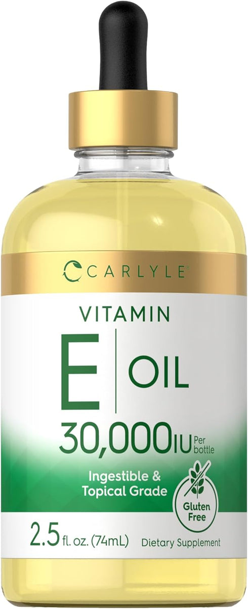 Carlyle Vitamin E Oil 30,000 IU, 2.5 fl oz, Moisturizing for Skin, Ingestible & Topical Grade, Non-GMO