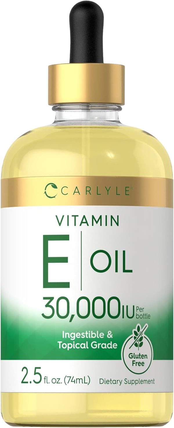 Carlyle Vitamin E Oil 30,000 IU, 2.5 fl oz, Moisturizing for Skin, Ingestible & Topical Grade, Non-GMO