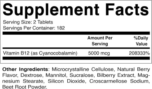 Vitamatic Vitamin B12 5000 mcg per Serving Fast Dissolve 365 Tablets - Berry Flavor - Supports Energy Metabolism