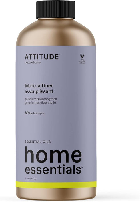 ATTITUDE Fabric Softener, 33.8 Fl Oz, 40 Loads, Vegan, Plant-Based, Geranium and Lemongrass, Refillable Aluminum