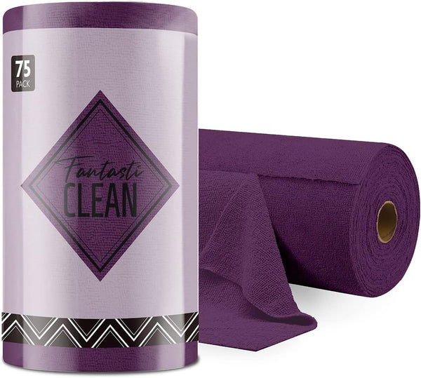 Microfiber Cleaning Cloth Roll, 75 Pack, Tear Away Towels, 12" x 12", Reusable Washable Rags in Dark Purple