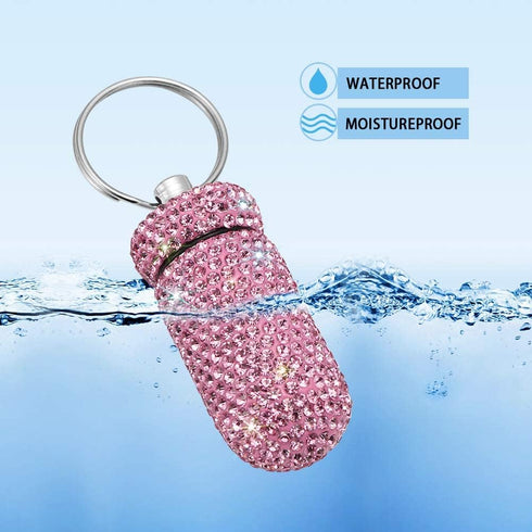 Portable Waterproof Pill Case Holder with Keychain, Bling Pill Box for Outdoor Camping Travel, Pink