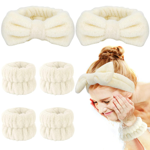 6 PCS Spa Headband with Wrist Washband Face Wash Set, Beige