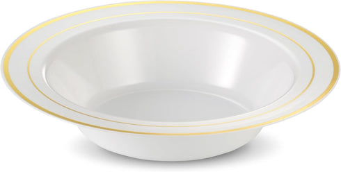 Munfix 50 Gold Plastic Bowls Set, 12oz Disposable Soup Bowls, Fancy Party Bowls, Heavy Duty Cereal Bowls, Elegant Dinner Bowls, White with Gold Rim Dessert Bowls by Munfix