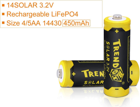 TRENDBOX 14430 3.2V 450mAh LiFePo4 Rechargeable Solar Batteries, 12 Pack