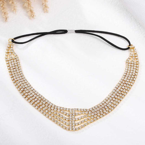 Layerd Head Chain Rhinestone Hair Jewelry Gold Elastic Headpiece Wedding Crystal Prom Party Halloween Headband for Women and Girls (Gold)