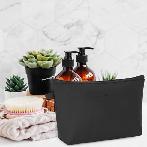 WANDF Cosmetic Bag for Women Makeup bag Organizer Mini Makeup Pouch for Purse Water Resistant Girls Gift(Pure Black)
