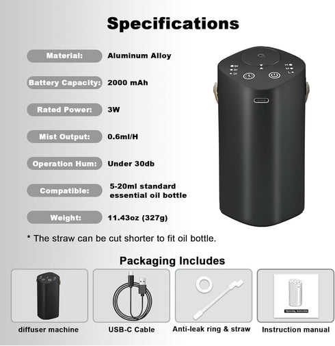 Waterless Essential Oil Diffuser with Handle, Scent Diffuser for Car Home Office Bathroom with Timer, Small