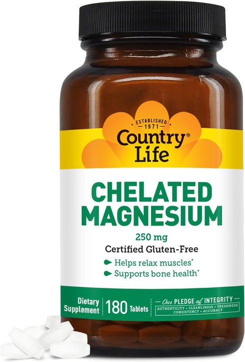 Country Life Chelated Magnesium 250mg, Supports Heart, Bone & Muscle Health, Vegan-Friendly Supplement, Gluten-Free