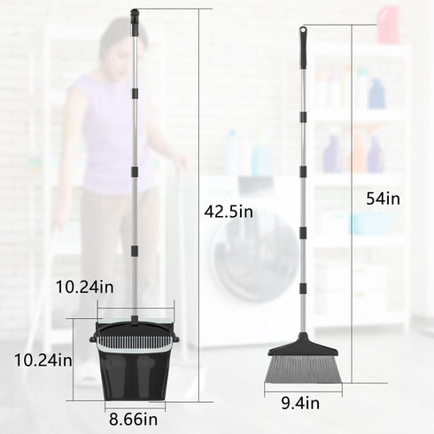 Broom with Dustpan Combo Set, 54” Long Handle Household Dust Pan for Home Office Kitchen Cleaning (Black & Grey)