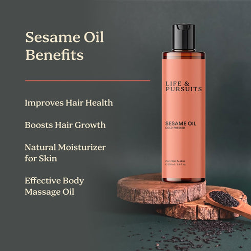 Life & Pursuits 100% Cold-Pressed Unrefined Sesame Oil for Hair and Skin, Nourishing Moisture (6.76 Fl Oz)