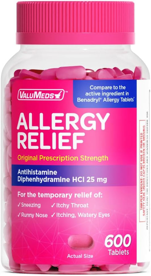 ValuMeds Allergy Medicine Antihistamine, Diphenhydramine HCl 25 mg, Relieve Itchy Eyes, Runny Nose, Sneezing, 600 Count