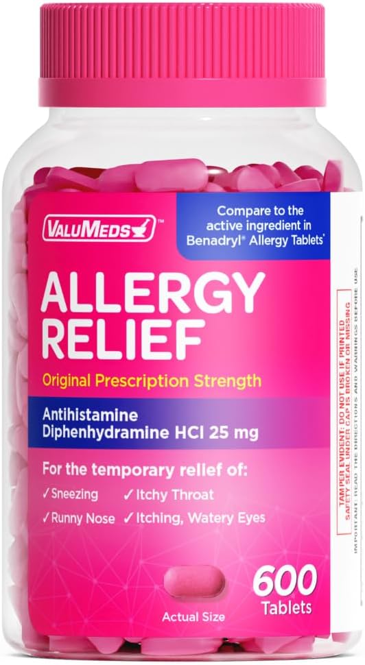 ValuMeds Allergy Medicine Antihistamine, Diphenhydramine HCl 25 mg, Relieve Itchy Eyes, Runny Nose, Sneezing, 600 Count
