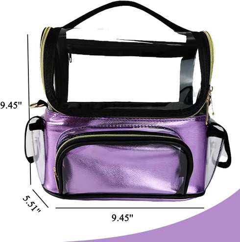 Makeup Brush Case, Clear Makeup Bags with Multiple Pockets, Waterproof Travel Organizer with Removable Dividers, Purple