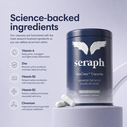 Seraph 60 Acne Supplement - Hormonal Acne Pills Treatment - Pimple Supplements for Women - Skin Clear Capsules