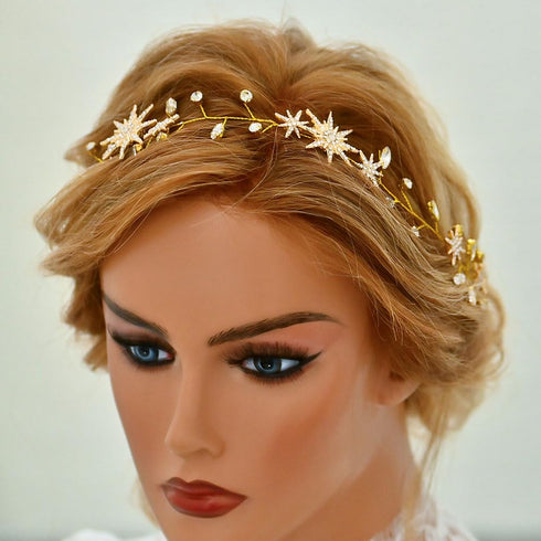 Yean Gold Star Wedding Hair Vine Rhinestone Headpiece Crystal Bridal Hair Accessories for Women and Girls
